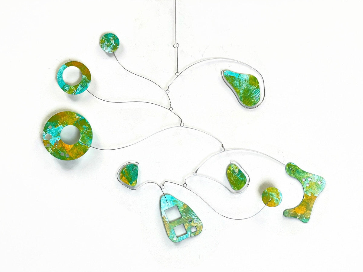 Modern Art Mobile in Green Gold Blue Sculpture Hand Painted On