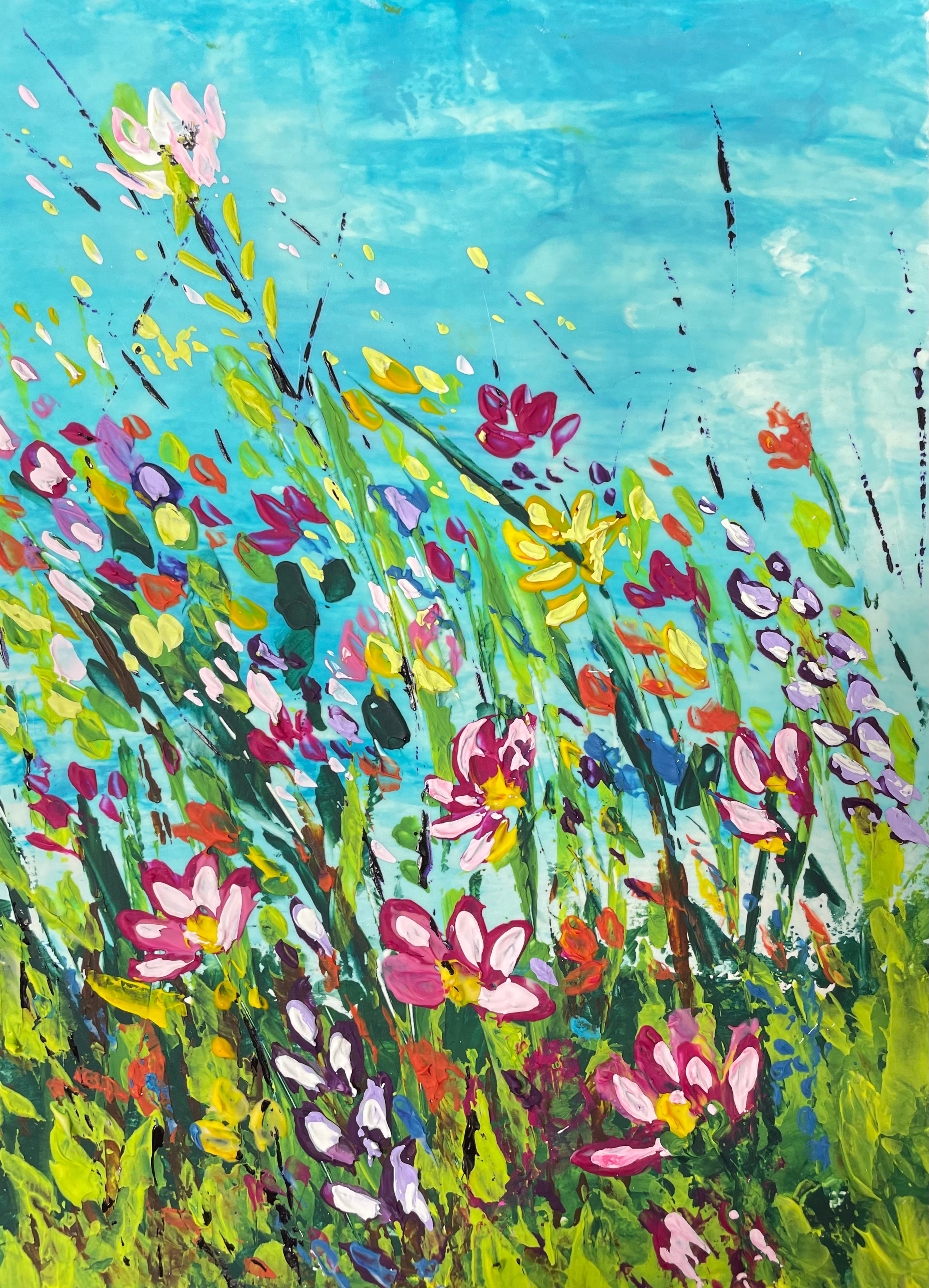 Wildflowers by the road painting - 7 x 10 textured acrylic on